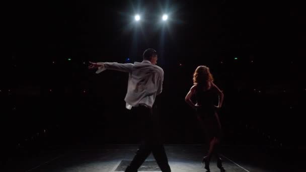Standardtänzer Paaren Sich Auf Der Konzertbühne Rückansicht Synchrone Tanzbewegungen Zeitlupe — Stockvideo