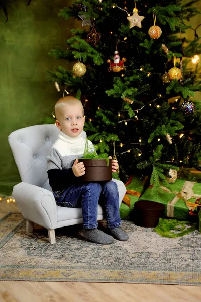 Charming Kid Gift His Hands Sitting Beautiful Christmas Tree Home — Stock Photo, Image