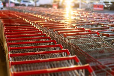 Büyük bir süpermarkette bir sürü alışveriş arabasıyla sıralar.