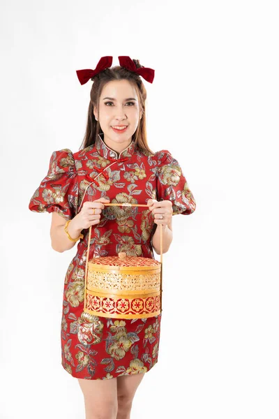 Chinese New Year Concept Woman Holding Basket Food Meaning Happy — Stock Photo, Image