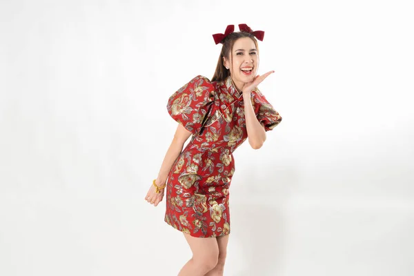 Happy Asian Woman Wearing Traditional Cheongsam Qipao Dress Isolated White — Stock Photo, Image