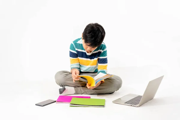 Portrait Happy Asian Boy Floor Laptop Books Isolated White Background — Stock Photo, Image