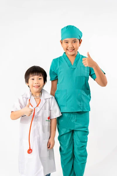 Portrait Young Asian Boy Dressing Doctor Isolate White Background Copy — Stock Photo, Image