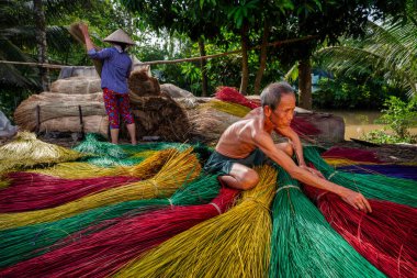 Vietnam 'da geleneksel Vietnam hasırlarını kurutan Vietnamlı yaşlı bir zanaatkar eski köyde dinh yen, dong thap, Vietnam, gelenek sanatçısı konsepti, Vietnam.