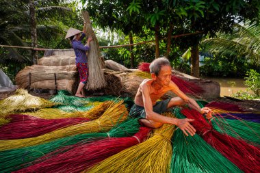 Vietnam 'da geleneksel Vietnam hasırlarını kurutan Vietnamlı yaşlı bir zanaatkar eski köyde dinh yen, dong thap, Vietnam, gelenek sanatçısı konsepti, Vietnam.
