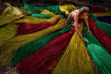 Vietnam 'da geleneksel Vietnam hasırlarını kurutan Vietnamlı yaşlı bir zanaatkar eski köyde dinh yen, dong thap, Vietnam, gelenek sanatçısı konsepti, Vietnam.
