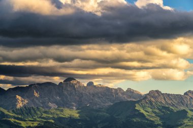 Seceda peak. Trentino Alto Adige, Dolomites Alps, South Tyrol, Italy. Odle mountain range, Val Gardena. Majestic Furchetta peak. Odles group seen from Seceda, Santa Cristina Val Gardena.