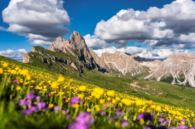 Seceda peak. Trentino Alto Adige, Dolomites Alps, South Tyrol, Italy. Odle mountain range, Val Gardena. Majestic Furchetta peak. Odles group seen from Seceda, Santa Cristina Val Gardena.