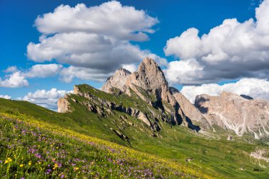 Seceda peak. Trentino Alto Adige, Dolomites Alps, South Tyrol, Italy. Odle mountain range, Val Gardena. Majestic Furchetta peak. Odles group seen from Seceda, Santa Cristina Val Gardena.