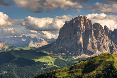 Seceda peak. Trentino Alto Adige, Dolomites Alps, South Tyrol, Italy. Odle mountain range, Val Gardena. Majestic Furchetta peak. Odles group seen from Seceda, Santa Cristina Val Gardena.