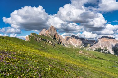 Seceda peak. Trentino Alto Adige, Dolomites Alps, South Tyrol, Italy. Odle mountain range, Val Gardena. Majestic Furchetta peak. Odles group seen from Seceda, Santa Cristina Val Gardena.