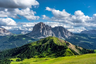 Seceda peak. Trentino Alto Adige, Dolomites Alps, South Tyrol, Italy. Odle mountain range, Val Gardena. Majestic Furchetta peak. Odles group seen from Seceda, Santa Cristina Val Gardena.