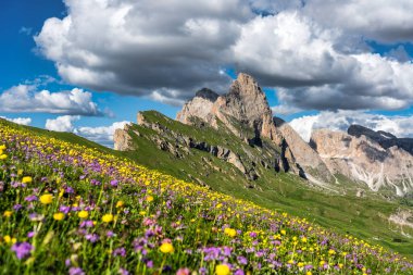 Seceda peak. Trentino Alto Adige, Dolomites Alps, South Tyrol, Italy. Odle mountain range, Val Gardena. Majestic Furchetta peak. Odles group seen from Seceda, Santa Cristina Val Gardena.