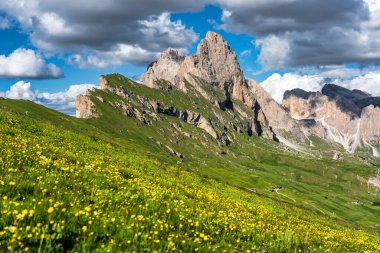 Seceda peak. Trentino Alto Adige, Dolomites Alps, South Tyrol, Italy. Odle mountain range, Val Gardena. Majestic Furchetta peak. Odles group seen from Seceda, Santa Cristina Val Gardena.