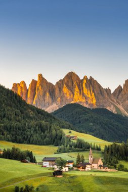 Sunrise Scene of Landscape with the Santa Maddalena church and the Dolomites in the Funes valley, South Tyrol, Italy
