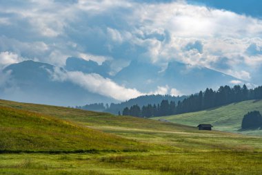 Ethereal green landscape with view of huts and trees on rolling hills and mountains hidden in fog at Sunrise of Alp De Suisi, Dolomites, Italy