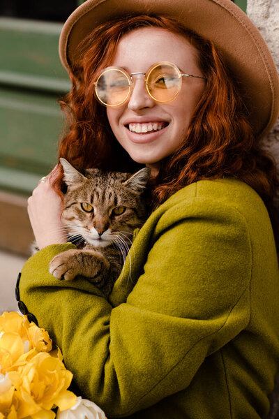 Close Portrait Red Haired Young Smiling Woman Hat Her Cat Stock Photo