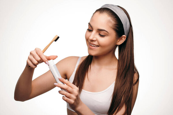 Attractive Caucasian Woman White Headband Using Professional Toothbrush Toothpaste Taking Stock Photo