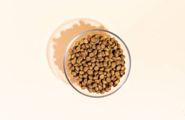 Dry food in a transparent bowl for cats and dogs on a beige, peach background. View from above