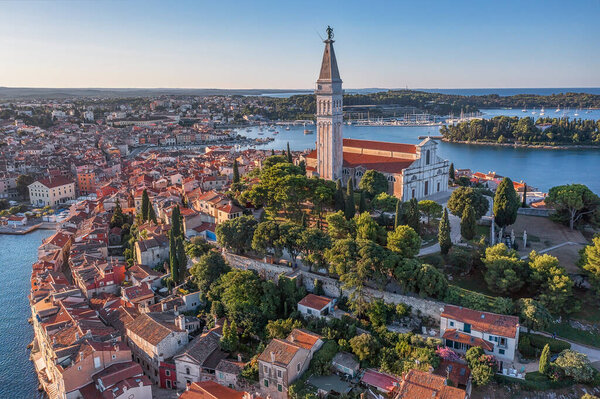 Aerial view to Rovinj old town, popular travel destiation in Istria, Croatia.