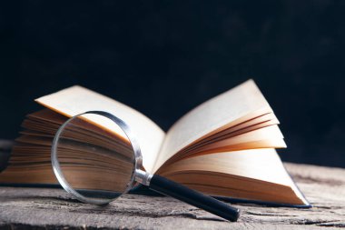 Masanın üzerinde bir kitap ve büyüteç var.