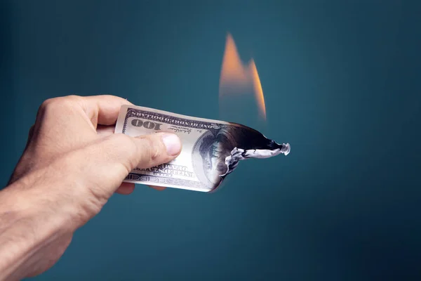 Hand Holds Dollar Bill Burning — Stock Photo, Image