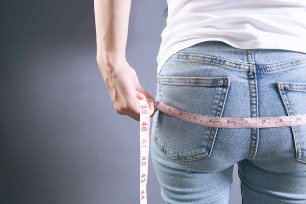 Young Woman Measuring Ass Measuring Tape — 图库照片