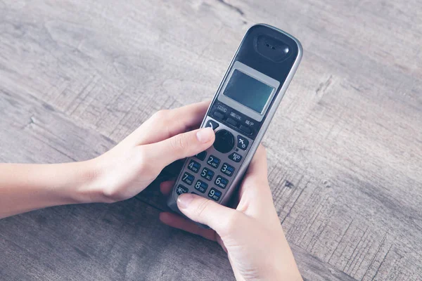 Woman Dials Number Home Phone — Stock Photo, Image