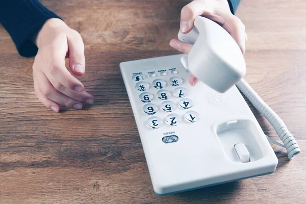 Woman Dials Number Home Wired Phone — Stock Photo, Image