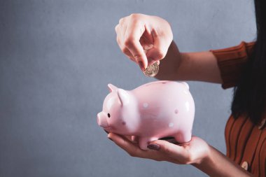 Bir kadın domuz kumbarasına bir dolar koyar.