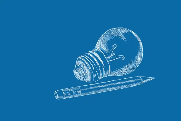 Bola Lampu Ditarik Dan Pensil Pada Latar Belakang Biru — Stok Foto