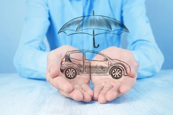 Holds Umbrella Car His Hands Concept Car Protection Insurance — Stock Photo, Image