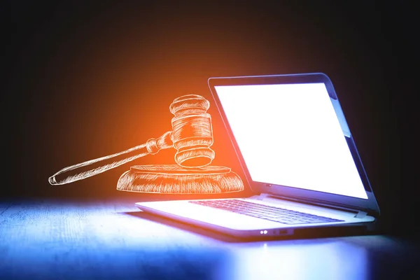 Laptop Ícone Martelo Juiz — Fotografia de Stock