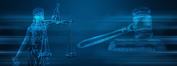 正義の像と青い背景のハンマーアイコンを判断する — ストック写真