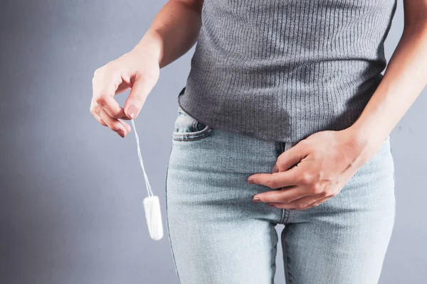Young Woman Holding Tampon Hand Vagina — Stok fotoğraf