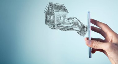 Evi elden teslim et. El çizimi. Telefonu tutan el.