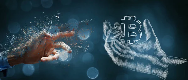 Illustrated Hand Holds Bitcoin Icon Man Clicks Screen — стоковое фото