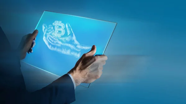 Illustrated Hand Holds Bitcoin Icon Man Holding Tablet — Stockfoto