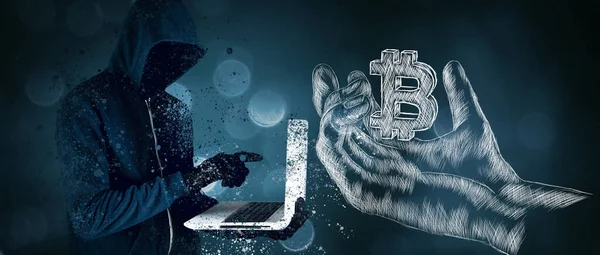 Illustrated Hand Holds Bitcoin Icon Hacker Holding Laptop — Stockfoto