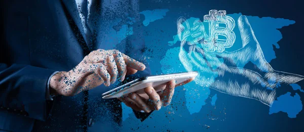 Illustrated Hand Holds Bitcoin Icon Man Holding Tablet — 图库照片