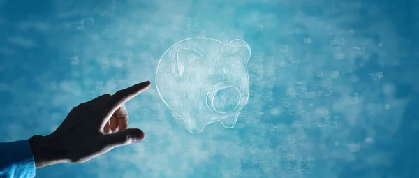 Piggy Bank Icon Savings Pig Man Presses Screen — Stockfoto