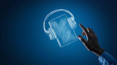 çizilmiş kitap ve kulaklıklar. Adam ekrana basar