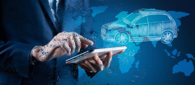 Çizgili araba. Araba ikonu. Elinde tablet tutan bir adam.