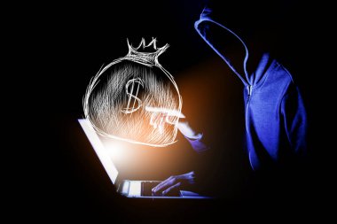 Dolarlı çanta ikonları. Dizüstü bilgisayarın önündeki hacker