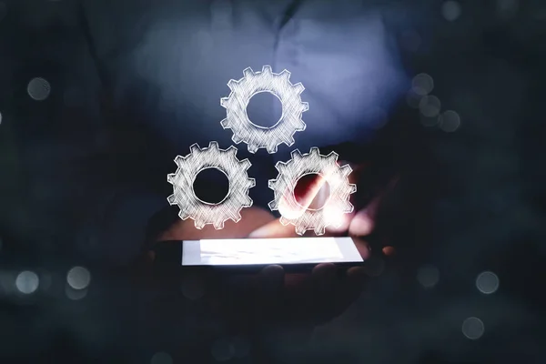 Hand Drawn Gears Man Holding Phone — Stock Photo, Image