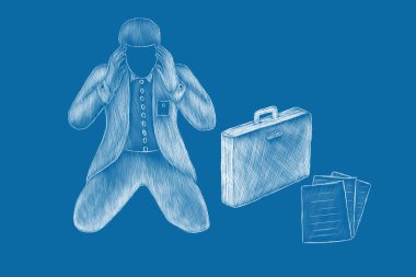 Adam şok oldu. Dava ve belgeler. el çizimi resimleme