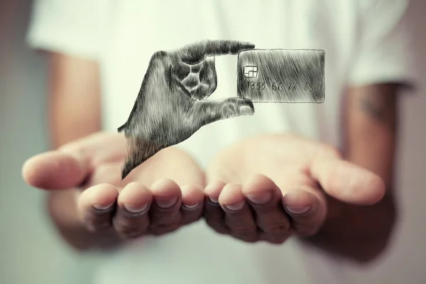 Hand Hält Eine Bankkarte Handgezeichnet Hält Der Mann Seine Handflächen — Stockfoto