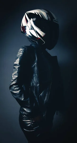 Girl Leather Clothes Stands Poses Her Head Motorcycle Helmet — Foto de Stock