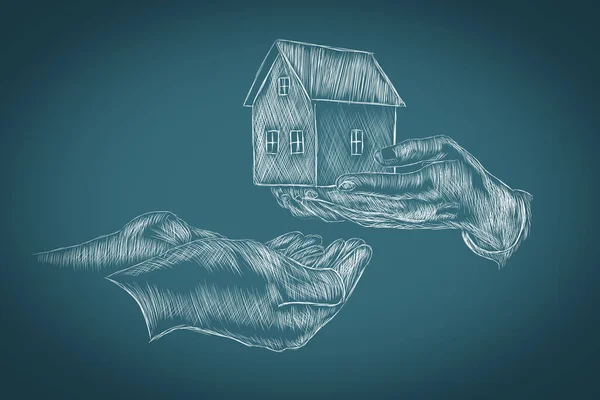 hand over the house by hand. hand drawn
