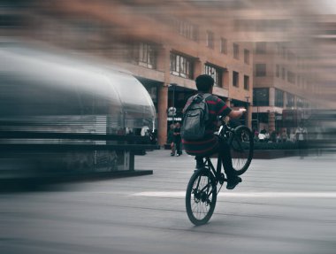 Pre-teen boy riding mountain bike